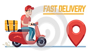 Scooter with delivery man. Fast courier with pizza, motorcycle driver on road to client. Restaurant food service flat