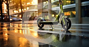 a scooter driving down a puddled street