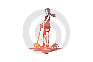 Scooter, girl, ride, bike, drive concept. Hand drawn isolated vector.