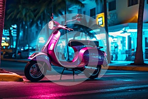 Scooter Moped at Ocean Drive, Miami Beach at Night, Generative Ai photo
