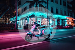 Scooter moped at ocean drive Miami beach at night with neon lights from hotels. Generative AI photo