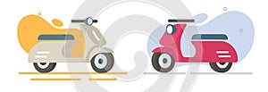Scooter motor icon flat cartoon vector graphic illustration set, red yellow white small motorcycle moped bike isolated old retro