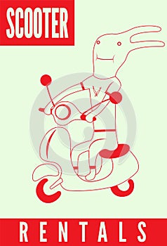 Scooter rentals poster. Funny cartoon rabbit riding a scooter. Vector illustration.