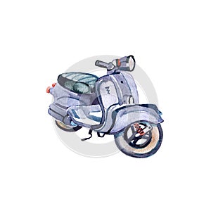 Scooter retro watercolor illustration. Hipster vintage travel vehicle Isolated on white background. Beach summer design