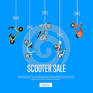 Scooter sale advertising with city motorbikes
