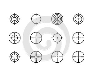 Scope flat line icons set. Target, weapon aim, sniper crosshair vector illustrations. Thin signs for focus, attention