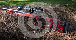 Scoped rimfire rifle with laminated stock outdoors photo