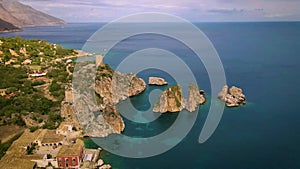 Scopello coast Sicily Italy on a cloudy day aerial view at the house and the coast of Sicily