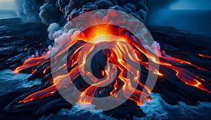 a scorch volcanic steam active hot smoke lava magma flames erupt volcano fire erupting flame flow surface molten Hawaii burn