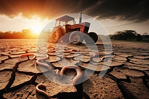 Cracked arid soil, global warming heat wave, rusty tractor, dead animal bones, drought, pollution