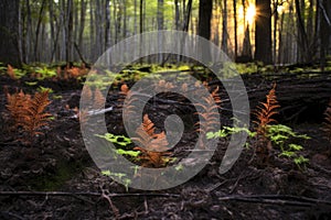 scorched forest floor with new ferns emerging