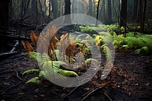 scorched forest floor with new ferns emerging