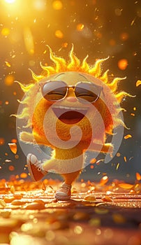 Scorching sun antics: onset of e arrival of abnormal strong heat, sun is overactive, cartoon style - depicting humorous