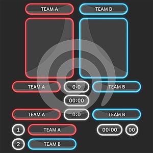 Score board glass translucent panels mockup, glowing neon sports statistics for blue and red two team or players computer game