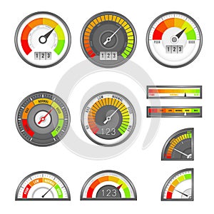 Score indicator. Speedometer indicators level score, scale panel accelerate rating, rate credit gauge vector set