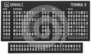 Scoreboard flip font. Arrival airport signs board, railroad arrivals and departures scoreboards letters realistic vector photo