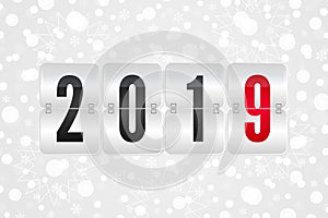 2019 scoreboard Happy New Year vector icon. Winter holiday snow pattern. White and gray decorative Christmas background