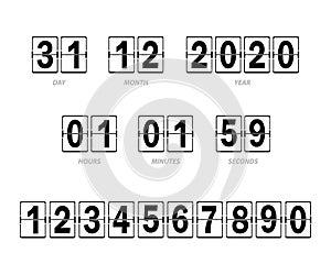 Scoreboard of hours, minutes and seconds, day, month and year photo