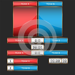 Scoreboard mockup set for sports team game or broadcast football computer game, collection info match boards and statistic timer