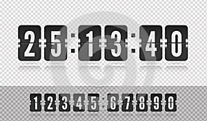 Scoreboard number font. Analog airport board countdown timer with hour or minute. Vector vintage flip clock time counter