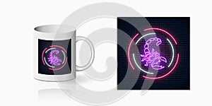 Scorpio glowing neon sign in circle frames for cup design. Nightlife advertising symbol of tattoo parlor neon design