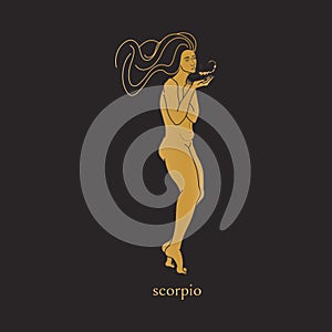 Scorpio horoscope symbol. Astrological element in flat style isolated on black background. Girl holding scorpio zodiac
