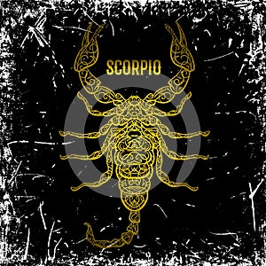 Scorpio. Ornate vintage golden Zodiac sign on grunge background.