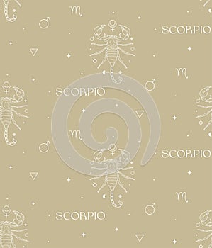 Scorpio Zodiac Background Seamless Pattern. White Astrology Signs