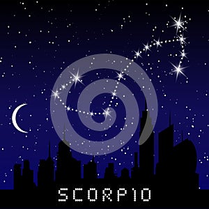 Scorpio zodiac constellations sign on beautiful starry sky with galaxy and space behind. Scorpio horoscope symbol constellation on