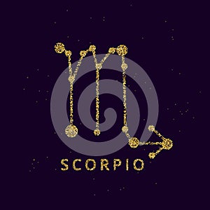 Scorpio zodiac horoscope sign, astrology simbol in golden shiny glittered style on black sky background.