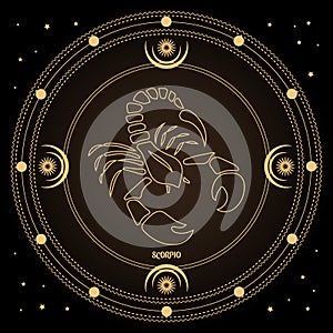 Scorpio zodiac sign, astrological horoscope sign in a mystical circle with moon, sun and stars. Golden design vector