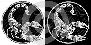 Scorpio zodiac sign, astrological, horoscope symbol. Pixel monochrome icon style. Stylized graphic black white scorpion