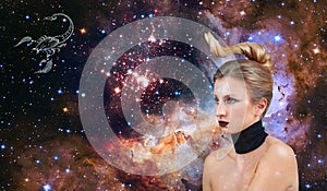 Scorpio Zodiac Sign. Astrology and horoscope, Beautiful woman Scorpio on the galaxy background photo