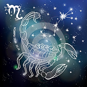 Scorpio zodiac sign.Horoscope circle.Space dark sky