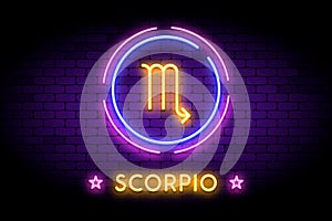 The Scorpio zodiac symbol in neon style on a wall.