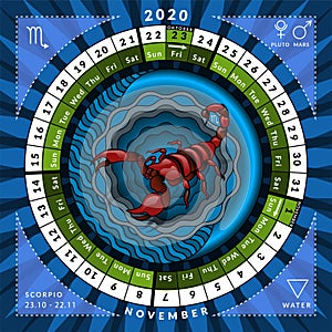 Scorpio zodiacal circle caledar of year 2020 with features