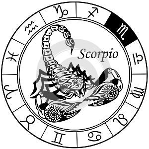 Scorpion astrological zodiac sign. Black and white