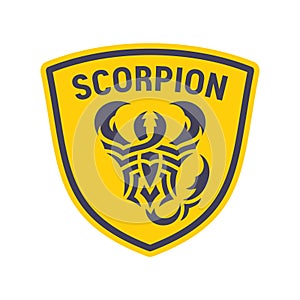 Scorpion logo and word on the shield on white background.