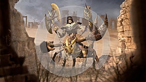 A scorpion man in golden armor and jewelry with an axe stands under the scorching sun in the desert among the ruins
