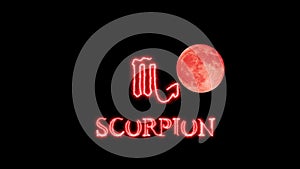 Scorpion text saber effect and zodiac symbol is slowing appear and full moon