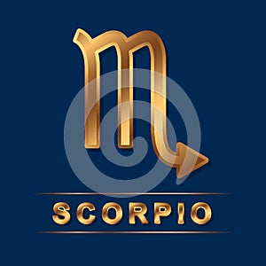 Scorpion zodiac golden vector sign with gold letters on the dark blue background. Vector horoscope scorpio symbol for design.