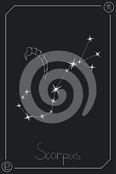 Scorpius horoscope card with constellation, zodiac sign and a patronizing planet.