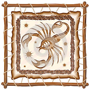 Scorpius Zodiac Sign on Native Tribal Leather Frame