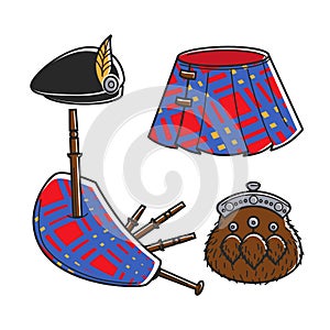 Scot Bagpipe musician traditional accessories isolated illustrations set photo