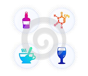 Scotch bottle, Chemical formula and Tea cup icons set. Beer glass sign. Vector