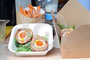 Scotch eggs on display at the market