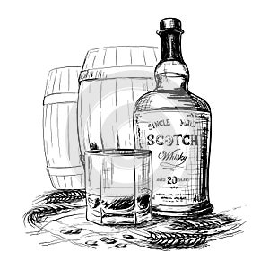 Scotch whiskey bottle, glass and casks with some barley ears and grains. Black and white ink style drawing isolated on