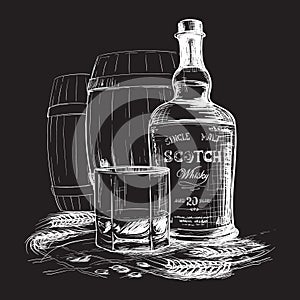 Scotch whiskey bottle, glass and casks with some barley ears and grains. White linear sketch isolated on Black