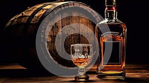 Scotch whiskey bottle with glass of whiskey and old wooden barrel. Generative Ai