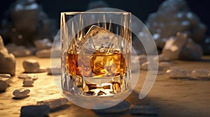Scotch Whiskey in Glass With Clear Ice Cubes Blurry Background